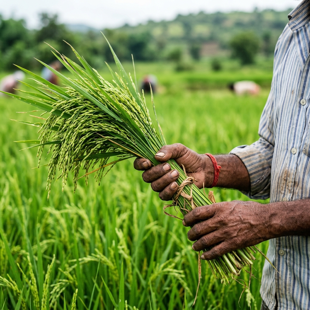 Farmer harvesting rice paddy